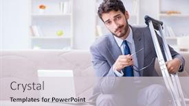  Presentation with broken leg - Slides with businessman with crutches and broken leg at home working background and a light gray colored foreground