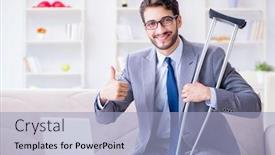  Presentation with broken home - Slide set consisting of businessman with crutches and broken leg at home working background and a light blue colored foreground