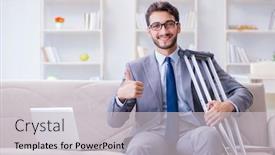  Presentation with broken home - Cool new PPT theme with businessman with crutches and broken leg at home working backdrop and a light gray colored foreground