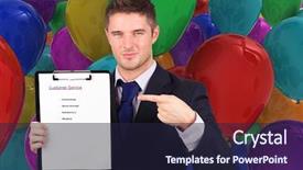  Presentation with customer service reporting - Colorful slide set enhanced with businessman with customer service report backdrop and a wine colored foreground