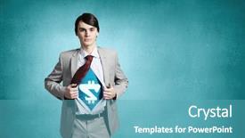  Presentation with acting - Slide set consisting of businessman with dollar sign on chest acting like superhero background and a teal colored foreground