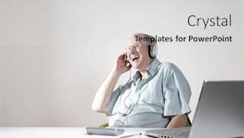  Presentation with desk - Presentation design enhanced with businessman-with-earphones-laughing background and a light gray colored foreground