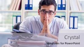  Presentation with paperwork - Beautiful PPT layouts featuring businessman-with-excessive-work-paperwork backdrop and a light blue colored foreground