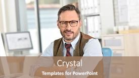  Presentation with mature students sitting at desks - Slide deck consisting of businessman with eyeglasses sitting in front of desktop background and a coral colored foreground