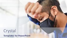  Presentation with covid coronavirus - Cool new slide deck with businessman-with-face-mask backdrop and a sky blue colored foreground