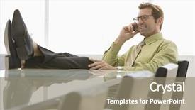  Presentation with conference table - Beautiful PPT theme featuring businessman with feet up on table using cell phone in conference room backdrop and a gray colored foreground