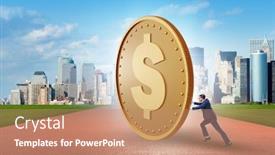  Presentation with golden dollar sign - PPT theme consisting of businessman-with-giant-golden-dollar background and a coral colored foreground