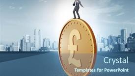  Presentation with golden - Amazing PPT theme having businessman-with-giant-golden-pound backdrop and a ocean colored foreground