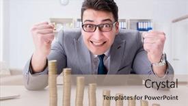  Presentation with business growth - Cool new presentation theme with businessman with golden coins backdrop and a soft green colored foreground