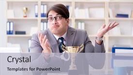  Presentation with gold stars - PPT theme consisting of businessman with golden cup background and a light gray colored foreground