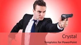  Presentation with gun - Presentation consisting of businessman with gun isolated background and a coral colored foreground