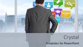  Presentation with hip - PPT theme with businessman with hand on hip against room with large windows showing city background and a light blue colored foreground