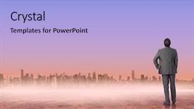  Presentation with hip - Beautiful PPT theme featuring businessman with hand on hip against cityscape on the horizon backdrop and a light blue colored foreground