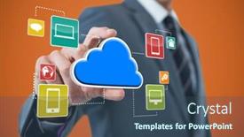  Presentation with spread - Audience pleasing presentation design consisting of businessman with hand spread of taking cloud with application icons orange background backdrop and a ocean colored foreground