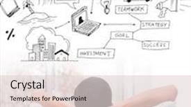  Presentation with desk - PPT layouts consisting of businessman with hands behind head at desk against brainstorm graphic background and a lemonade colored foreground