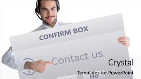  Presentation with camera - Beautiful presentation design featuring businessman with headphone showing sign to camera against confirm box backdrop and a light gray colored foreground