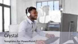  Presentation with american music - Amazing PPT layouts having african american businessman with headphones backdrop and a light gray colored foreground