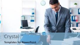  Presentation with workload - Slide set featuring businessman with heavy paperwork workload background and a light blue colored foreground