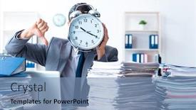  Presentation with workload - Cool new slides with businessman-with-heavy-paperwork-workload backdrop and a teal colored foreground