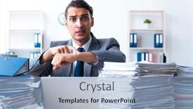  Presentation with workload - Amazing slide set having businessman with heavy paperwork workload backdrop and a light blue colored foreground