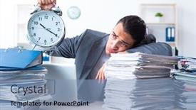  Presentation with workload - Slide set with businessman with heavy paperwork workload background and a light blue colored foreground