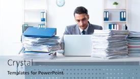  Presentation with workload - Slide set consisting of businessman with heavy paperwork workload background and a light blue colored foreground
