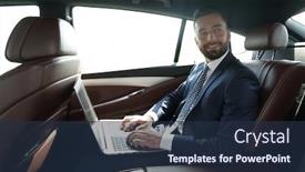  Presentation with car seat - PPT theme enhanced with businessman with laptop sitting in the back seat of a car background and a tawny brown colored foreground