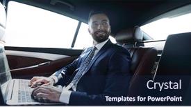  Presentation with car seat - Beautiful slides featuring businessman with laptop sitting in the back seat of a car backdrop and a navy blue colored foreground