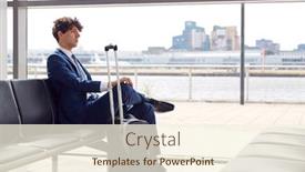  Presentation with airport lounge - Audience pleasing slides consisting of businessman-with-luggage-sitting backdrop and a cream colored foreground