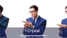  Presentation with magic - Beautiful slides featuring businessman with magic lamp isolated backdrop and a navy blue colored foreground