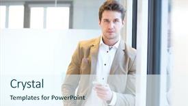  Presentation with phone - PPT theme featuring businessman with mobile phone lean background and a  colored foreground