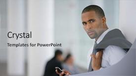  Presentation with mobile banking - Slides enhanced with businessman with mobile phone standing background and a  colored foreground