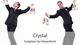  Presentation with people lost money fired businessman - Beautiful slide deck featuring businessman with money sacks isolated backdrop and a  colored foreground