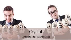  Presentation with people lost money fired businessman - Slides enhanced with businessman with money sacks isolated background and a  colored foreground