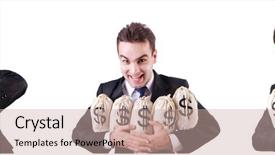  Presentation with people lost money fired businessman - PPT layouts with businessman with money sacks isolated background and a  colored foreground