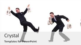  Presentation with money - Slide set featuring businessman with money sacks isolated background and a light gray colored foreground