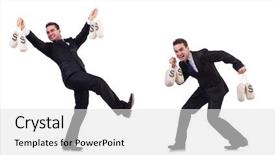  Presentation with people lost money fired businessman - Beautiful theme featuring businessman with money sacks isolated backdrop and a light gray colored foreground