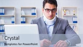  Presentation with trauma - Presentation theme featuring businessman with neck injury working background and a light blue colored foreground