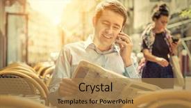  Presentation with newspaper - PPT theme consisting of businessman with newspaper sitting outdoor background and a coral colored foreground