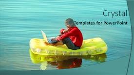  Presentation with mattress - Audience pleasing presentation design consisting of businessman with notebook sitting on inflatable mattress backdrop and a seafoam green colored foreground