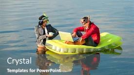  Presentation with mattress - Presentation design having businessman with notebook sitting on inflatable mattress and his secretary brings coffee to him background and a gray colored foreground