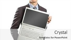  Presentation with laptop - Audience pleasing theme consisting of businessman with open laptop in his hands smiles at camera backdrop and a white colored foreground