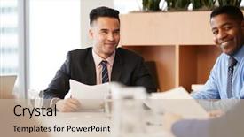  Presentation with meeting table - Slide set having businessman with paperwork sitting background and a soft green colored foreground