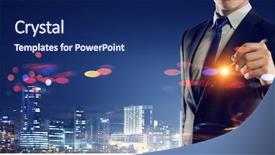  Presentation with pen - Audience pleasing PPT theme consisting of businessman with pen in hand backdrop and a  colored foreground