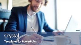  Presentation with writing pen - Presentation design consisting of businessman with pen writing down background and a  colored foreground