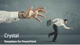  Presentation with question marks - Slide set with businessman with question marks running away from a big hand concept on background background and a dark gray colored foreground