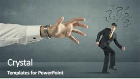  Presentation with question marks - Amazing PPT theme having businessman with question marks running away from a big hand concept on background backdrop and a gray colored foreground
