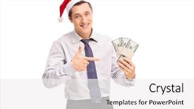  Presentation with santa claus holding scroll paper - Colorful PPT theme enhanced with businessman with santa hat holding backdrop and a white colored foreground