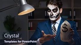  Presentation with face mask - Cool new theme with businessman-with-scary-face-mask backdrop and a navy blue colored foreground