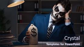  Presentation with scary - PPT layouts enhanced with businessman with scary face mask working late in office background and a wine colored foreground